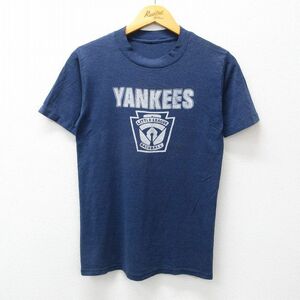 XS/古着 半袖 ビンテージ Tシャツ メンズ 00s ヤンキース リトルリーグ 野球 クルーネック 紺 ネイビー 霜降り 23aug28 中古 2OF