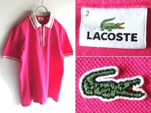 ネコポス対応 LACOSTE ラコステ PH938E ワニロゴワッペン コットンリネン鹿の子 ラインリブ ハーフジップ ポロシャツ 2 ピンク