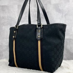 美品 GUCCI グッチ トートバッグ ハンド ワンショルダー 肩掛け シェリーライン ロゴ型押し キャンバス レザー GG 総柄 メンズ ブーツ 黒