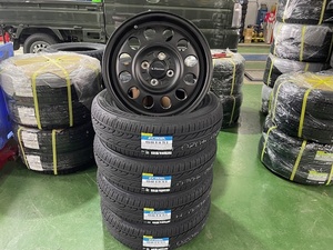 ダンロップEC202　155/65R14新品アルミ4本セットケイフィネスD12　4.5-14+45　4/100マッドブラック送料無料