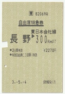 平成３年５月４日から有効　自由席特急券　長野→３００ｋｍまで　長野駅自動券売機発行（入鋏、検札穴）