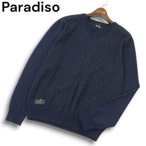 Paradiso パラディーゾ ゴルフ 秋冬 リーフ柄★ Vネック セーター ニット プルオーバー Sz.L メンズ ネイビー 日本製　A4T13019_C#K