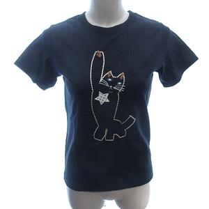 ルージュヴィフ Rouge vif カットソー Tシャツ クルーネック 猫 刺繍 半袖 紺 ネイビー /AU レディース