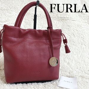 美品 FURLA フルラ オールレザー ミニ ハンドバッグ ロゴ 型押し 赤