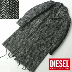 極美品 DIESEL ディーゼル ウールブレンド ヘリンボーン カットオフ グランジコート 黒ｘ白 44 JP:S-M メンズ【定価￥62,000-】