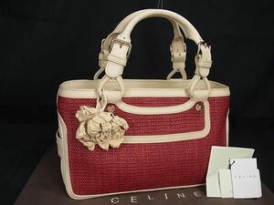 1円 ■美品■ CELINE セリーヌ ブギーバッグ ストロー×レザー フラワー ハンドバッグ レディース レッド系×クリーム系 FH1189