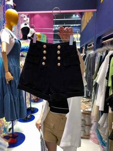 デニムショートパンツ ショーパン ジーパン 切り替え スリム 着痩せ デニム ダブルブレスト シンプル XL ブラック