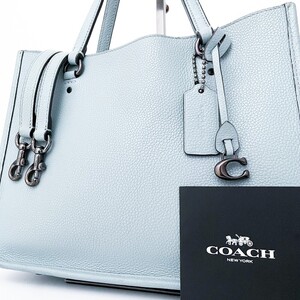 1円■入手困難色■COACH コーチ 2way 自立 チャーム トートバッグ ショルダー 斜め掛け ビジネス メンズ レディース レザー ブルー