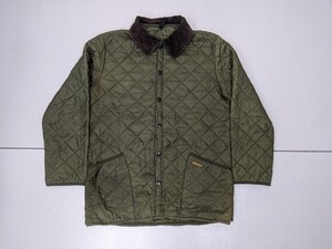 14．Barbour バブアー ロゴ刺繍 襟コーデュロイ フェード キルティング ナイロン ジャケット ジャンパー メンズML 相当 カーキ系茶 y101