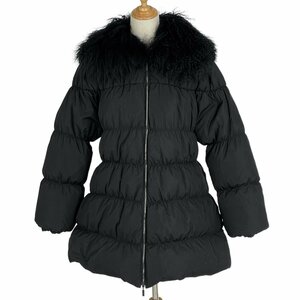 モンクレール MONCLER ファー付き ジップアップ コート ミディアム丈 アウター ポリエステル ブラック レディース 【中古】