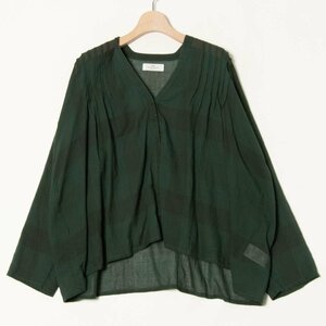 【1円スタート】メール便○ SOIL ソイル ビッグチェックVネック長袖シャツ ブラウス トップス 綿100％ 薄地 ゆったり グリーン 緑 1 春夏