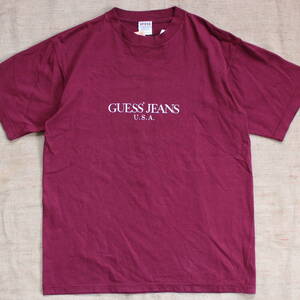 新品タグ付 1990s GUESS ロゴ ヴィンテージTシャツ ゲス エンジ USA製 アメリカ 古着 VINTAGE バーガンディ ワンサイズ ジーンズ 100%綿