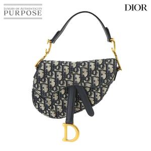 未使用 展示品 クリスチャン ディオール Christian Dior オブリーク サドル ミニ ハンド バッグ キャンバス レザー ネイビー 90231715