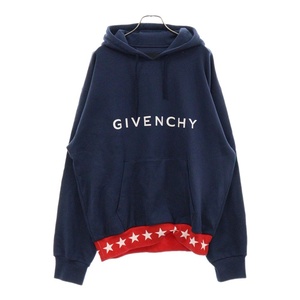 GIVENCHY ジバンシィ 23AW フロントロゴ スター柄切替え スウェット プルオーバーパーカー ネイビー/レッド BMJOLA3YJL