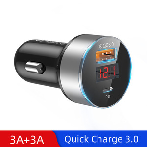 【シルバー】Type-c PD 高速ポート Quick Charge 3.0対応 電圧計付き USB 3A+3A アダプター 12/24v対応