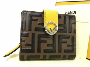 1円 ■美品■ FENDI フェンディ ズッカ柄 エフイズ レザー 二つ折り 財布 ウォレット 小銭入れ 札入れ ブラウン系×イエロー系 BL0859