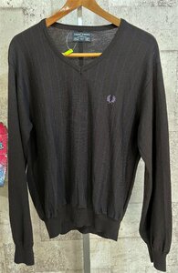 美品 フレッドペリー イタリア製 メリノウール Vネック セーター 42/106 メンズ ストライプ FRED PERRY