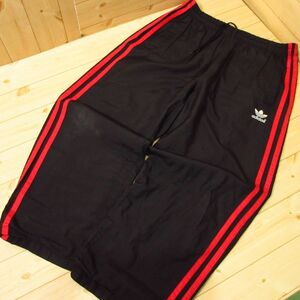 ◎希少 90s！adidas アディダス◆ナイロンパンツ 裏メッシュ トレフォイル 三つ葉 ヴィンテージ◆メンズ 黒x赤 L相当◆PA0962