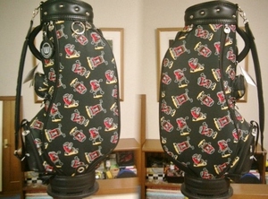 未使用　ＭＵ　ウエサコ　レディース　缶モチーフ・デザイン　プリント柄　合繊素材　黒カラフル　ゴルフバッグ