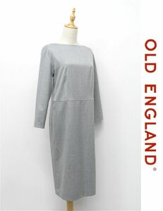 HGD-P279/OLD ENGLAND ひざ丈ワンピース ミモレ丈 ドレス バックVネック ドロップショルダー 長袖 ストレッチ ウール 36 S グレー