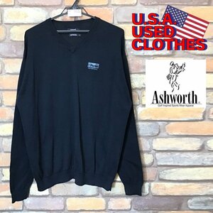 ME8-703★アメリカ買付商品★良品【Ashworth アシュワース】USA企業刺繍 Vネック セーター【メンズ L】紺 ゴルフ インナー 制服 コットン