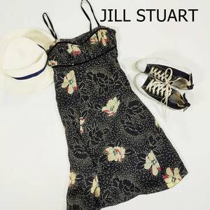ジルスチュアート JILL STUART ワンピース ドレス サイズ0 XS ブラック ホワイト 黒 白 花 柄 キャミソール 裏地有 とろみ ひざ丈 1944