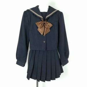 1円 セーラー服 マイクロミニスカート 等 3点セット 指定 170A 大きいサイズ カンコー 冬物 茶2本線 岡山南高校 紺 中古 ランクC EY1142