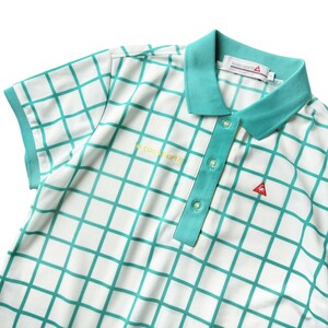 美品 le coq sportif GOLF ルコック ゴルフ / ドライ ストレッチ 半袖 ポロシャツ / M サイズ レディース / 白地 格子柄 人気 ゴルフウェア