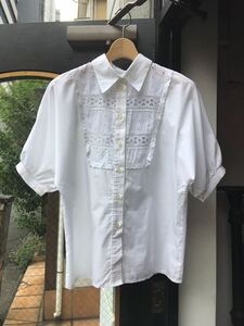 イギリスヨーロッパvintage コットンフリルレース ブラウスlace frill blouse shirt 七分袖シャツlace LV507