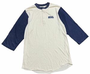本物 70s ビンテージ USA製 NIKE ナイキ ヘンリーネック 七分袖 ベースボール Tシャツ カマボコ ゴツナイキ ネイビー XL
