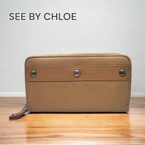 【1点限り】SEE BY CHLOE 長財布 ラウンドファスナー レザー アプリコット