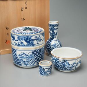 TF9546◎銘:瑞豊 万古焼 西尾瑞豊 染付 祥瑞 皆具 山水紋 茶道具 共箱 水指 建水 杓立 蓋置 茶器 萬古焼 山水文