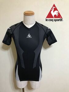 le coq sportif ルコック Vネック サイクル インナー ウェア コンプレッション トップス サイズM 半袖 黒 QS-240605 デサント 日本製