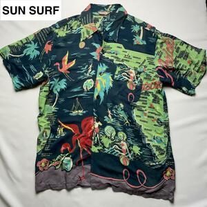 SUN SURF サンサーフ アロハシャツ ハワイアンシャツ 緑 グリーン 総柄シャツ 半袖シャツ メンズ 古着 海 レーヨン 東洋エンタープライズ