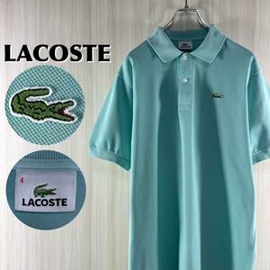 【王道クラシカル】【希少カラー】LACOSTE ラコステ ワニ 鹿の子 サイドスリット 半袖ポロシャツ サイズ4 ミントグリーン Lサイズ相当 古着