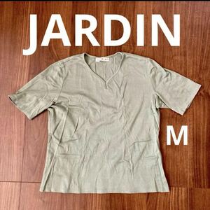 used 古着 JARDIN ジャルダン グリーン カットソー 無地 半袖 Tシャツ レディース Vネック 綿100% Mサイズ