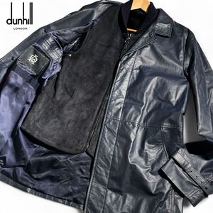 極美品/XL相当 ●ダンヒル dunhill 羊革 牛革　●2way コート ●リアルムートン ベスト付 レザー ジャケット アウター DAロゴ ネイビー