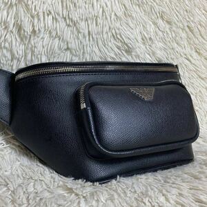 【極美品】ARMANI アルマーニ メンズ ボディバッグ ショルダーバッグ レザー ブラック 黒 ボディー ロゴ金具