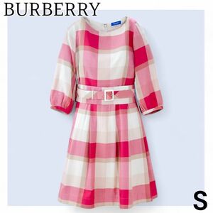 希少バーバリー　ワンピース　ノバチェック　ピンク　ベルト　長袖　美シルエット　ベルテッド　 BURBERRY 膝丈　Uネック　レディース