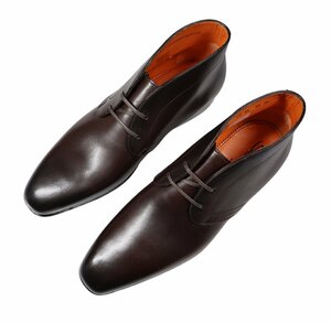 62%OFF◆イタリア流細身ロングノーズフォルム！【 Santoni / サントーニ (伊 】ラバーソールの艶革ダークブラウン チャッカブーツ 6