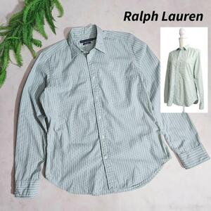 Ralph Lauren ロゴ刺繍・ストライプ長袖シャツ やや薄手 4L相当 大きいサイズ 淡いエメラルドグリーン 白 ブラウン ミントブルー83099