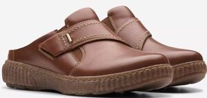 送料無料 Clarks 25.5cm スリッポン ミュール クロッグ 軽量 サイド ゴア タン ブラウン レザー スニーカー フラット ローファー AAA278