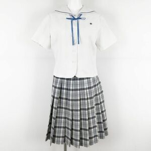 1円 セーラー服 チェックスカート 紐タイ 上下3点セット カンコー 夏物 青1本線 女子 学生服 福岡北筑高校 白 制服 中古 ランクB NA9362