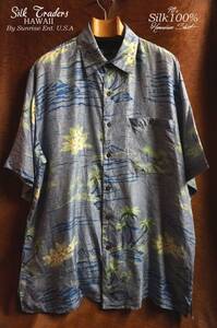 90s Silk Traders HAWAII by Sunrise Ent. U.S.A 絹 シルク 100% 水色 青系 アロハ ハワイアン シャツ XL ビッグシルエット オーバーサイズ