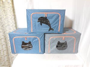 □収納ボックス３個セット　折りたたみ ストレージボックス 　66L（50*40*33cm）窓付き 衣装ケース 布 　猫　イルカ　ネイビー　グレー☆