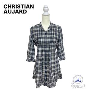 ☆美品☆ CHRISTIAN AUJARD クリスチャンオジャール トップス チュニック 七分丈 フレア シャツ レディース ネイビー チェック 9T inp1-098