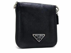 1円 ■美品■ PRADA プラダ サフィアーノレザー ラウンドファスナー 二つ折り 財布 ウォレット メンズ ブラック系 BM0616