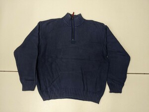 14．TOMMY 90s 00s 無地 ロゴ無し ヴィンテージ ハーフジップ ミドルゲージ ニット セーター トミーヒルフィガー メンズXL 青系y605