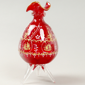 nHeN ベネチアンガラス ムラノ Murano Glass ワトー画 レッド 三足花瓶 飾り壷