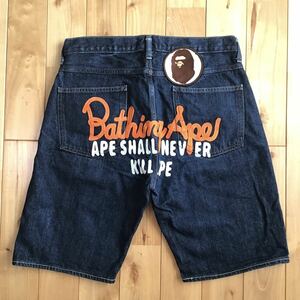 BAPE champion 刺繍 デニム ハーフパンツ Sサイズ a bathing ape BAPE head denim shorts エイプ ベイプ アベイシングエイプ ショーツ w539